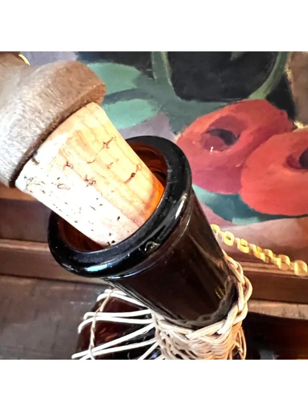 Vintage Spanish Amber Glass Wine Decanter With Rattan Wrap Cork And Cap